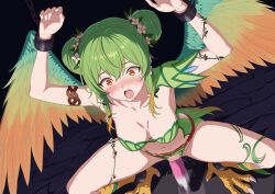 1girl absurdres arukari8 bra breasts chain defeat double_bun feathered_wings green_bra green_hair green_panties green_wings hair_bun highres large_breasts motion_blur object_insertion open_mouth panties restrained romancing_saga_2 saga saliva sex_machine solo spread_legs stationary_restraints talons tears tongue tongue_out torn_clothes torn_panties underwear vaginal vaginal_object_insertion windie_(romancing_saga_2) wings yellow_eyes