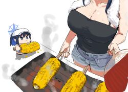 1girl baseball_cap black_camisole blue_archive blue_eyes blue_hair blue_halo breasts camisole chibi cleavage corn denim denim_shorts eating goreinu_white grill grilled_corn halo hand_fan hat holding holding_fan large_breasts long_hair saori_(blue_archive) saori_(swimsuit)_(blue_archive) shorts standing white_background