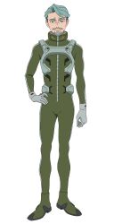 1boy bodysuit challia_bull facial_hair full_body gloves goatee green_bodysuit green_hair grey_gloves gundam gundam_gquuuuuux hand_on_own_hip harness highres looking_at_viewer male_focus mecha_pilot_suit mustache official_art parted_hair simple_background solo standing transparent_background zeon