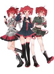 3girls :d ahoge arm_up bare_shoulders black_boots black_shirt black_skirt black_sleeves boots breast_pocket buttons collared_shirt detached_sleeves drill_hair full_body grey_jacket grey_skirt grin hair_between_eyes hair_ribbon hand_up hashtag-only_commentary headphones highres holding holding_microphone jacket kasane_teto kasane_teto_(sv) kasane_teto_(utau) kasane_teto_(voicepeak) lace-up_boots long_sleeves looking_at_viewer microphone midriff multicolored_boots multiple_girls number_tattoo open_mouth pocket red_eyes red_hair red_nails ribbon shirt shoulder_belt simple_background skirt sleeveless sleeveless_shirt smile sound_wave standing synthesizer_v tattoo thigh_boots tu_gumi twin_drills twintails two-tone_boots two-tone_shirt two-tone_skirt utau voicepeak white_background white_ribbon