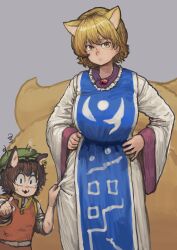 2girls absurdres animal_ear_piercing animal_ears blonde_hair blue_tabard breasts brown_hair cat_ears cat_girl chanta_(ayatakaoisii) chen closed_mouth dress fox_ears fox_girl fox_tail green_hat grey_shirt hands_on_own_hips hat height_difference highres kitsune kyuubi large_breasts long_sleeves looking_at_viewer mob_cap multiple_girls multiple_tails no_headwear pointing pointing_at_viewer red_skirt red_vest shirt short_hair skirt tabard tail touhou vest white_dress white_shirt wide_sleeves yakumo_ran yellow_eyes