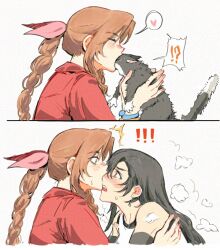 ! !? 2girls ? aerith_gainsborough animal animalization bangle bare_shoulders black_bra black_fur black_gloves black_hair blush bra bracelet braid braided_ponytail brown_hair cat closed_eyes earrings elbow_gloves final_fantasy final_fantasy_vii final_fantasy_vii_rebirth final_fantasy_vii_remake gloves green_eyes hair_between_eyes hair_ribbon heart heavy_breathing holding holding_animal holding_cat jacket jeremr jewelry multiple_girls open_mouth parted_bangs pink_ribbon red_eyes red_jacket ribbon shirt sidelocks single_braid spoken_exclamation_mark spoken_heart spoken_question_mark sports_bra sweatdrop tifa_lockhart transformation two-tone_fur underwear upper_body white_background white_fur white_shirt yuri