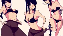 1girl alcohol armpits beer_can black_bra black_hair black_panties bra breasts can cigarette closed_mouth collarbone contrapposto drink_can feet_out_of_frame feet_up from_above frown hand_on_own_hips head_out_of_frame highres holding holding_can jill_stingray long_hair looking_at_viewer looking_down looking_to_the_side lzmdru4_1 medium_breasts multiple_views narrow_waist navel one_eye_closed panties pantyhose pixel_art purple_eyes simple_background smoking solo stomach sweat sweatdrop thick_thighs thighs underwear undressing va-11_hall-a wide_hips yellow_background