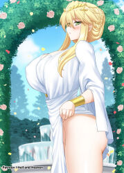Rule 34 | 1girl, artoria pendragon (fate), artoria pendragon (lancer) (dream portrait) (fate), artoria pendragon (lancer) (fate), blonde hair, blush, bracelet, braid, breasts, dress, eyes visible through hair, falling petals, fate/grand order, fate (series), flower, fountain, from side, gold bracelet, green eyes, hair between eyes, hellandheaven, highres, jewelry, large breasts, paid reward available, patreon username, petals, pink flower, pink rose, rose, sidelocks, solo, white dress