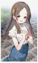 Rule 34 | 1girl, :d, absurdres, blue skirt, brown eyes, brown hair, fingernails, forehead, gakuen idolmaster, hair ornament, highres, idolmaster, interlocked fingers, kuramoto china, long hair, looking at viewer, open mouth, own hands together, shirt, skirt, sleeveless, sleeveless shirt, smile, solo, somray, sparkle, white shirt