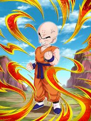 1boy anger_vein angry bald bald_male black_eyes dokkan_battle dragon_ball kuririn looking_at_viewer muscular muscular_male official_art serious solo tagme