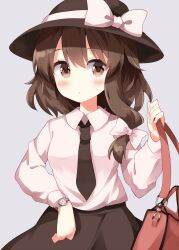 1girl black_skirt blush bow brown_hair closed_mouth collared_shirt commentary_request cowboy_shot grey_background hat hat_bow highres long_sleeves looking_at_viewer necktie ruu_(tksymkw) shirt simple_background skirt solo touhou upper_body usami_renko white_shirt