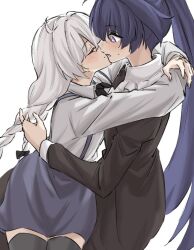 Rule 34 | 2girls, arms around neck, black jacket, black thighhighs, blue skirt, blush, braid, closed eyes, collared shirt, commentary request, honkai (series), honkai impact 3rd, jacket, kiana kaslana, kiss, long hair, long sleeves, multiple girls, open mouth, ponytail, purple eyes, purple hair, raiden mei, shirt, simple background, skirt, suspender skirt, suspenders, sweatdrop, syonosuke9573, thighhighs, twin braids, white background, white hair, white shirt, yuri