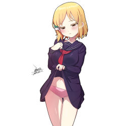 1girl blonde_hair blush breasts brown_eyes closed_mouth clothes_lift dated dress dress_lift ejami hair_ornament hairclip hidaka_koharu high_score_girl panties pink_panties school_uniform serafuku short_hair simple_background solo standing underwear white_background