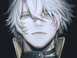 1boy black_background blue_eyes close-up closed_mouth commentary_request crossed_bangs eyelashes hair_between_eyes highres honkai:_star_rail honkai_(series) ieririr looking_down male_focus parted_bangs phainon_(honkai:_star_rail) short_hair simple_background solo white_hair