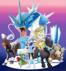 1girl absurdres animal_ears blue_hair braid closed_mouth cosplay creatures_(company) crossover dawn_(pokemon) dawn_(pokemon)_(cosplay) fangs game_freak gen_1_pokemon gen_2_pokemon gen_3_pokemon gen_4_pokemon golem_(pokemon) gotou_(nekocat) gyarados hair_ornament highres hololive hololive_fantasy houndoom jirachi legendary_pokemon long_hair looking_at_viewer luxray multicolored_hair mythical_pokemon nintendo no_feet open_mouth orange_eyes poke_ball_hair_ornament pokemon pokemon_dppt pokemon_platinum rabbit-shaped_pupils rabbit_ears rabbit_girl rabbit_tail roserade short_eyebrows standing symbol-shaped_pupils thick_eyebrows tongue twin_braids twintails two-tone_hair usada_pekora virtual_youtuber white_hair
