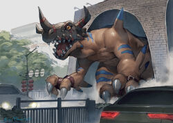 Rule 34 | absurdres, artist name, blue skin, bly mead, car, claws, colored sclera, colored skin, day, digimon, digimon (creature), digimon savers, geogreymon, highres, horns, motor vehicle, multicolored skin, open mouth, orange sclera, orange skin, sharp teeth, shiny skin, teeth, tongue, two-tone skin
