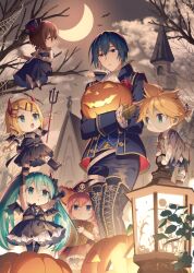 2023 2boys 4girls bat_wings blonde_hair blue_hair brown_eyes brown_hair chibi church commentary_request cosplay crescent_moon demon_horns frankenstein&#039;s_monster frankenstein&#039;s_monster_(cosplay) green_eyes green_hair halloween halloween_costume hat hatsune_miku heterochromia holding_polearm horns jack-o&#039;-lantern kagamine_len kagamine_rin kaito_(vocaloid) lamp megurine_luka meiko_(vocaloid) moon multiple_boys multiple_girls night night_sky pirate_hat polearm project_diva_(series) pumpkin kaito_(requiem)_(vocaloid) short_hair silk sinaooo sky spider_web trident twintails vocaloid weapon wings
