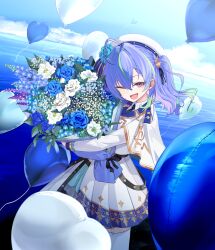 1girl :d absurdres ahoge balloon black_necktie blue_flower blue_hair blue_rose blue_sky blush bouquet cloud collared_shirt commentary_request cowboy_shot day dress flower garter_straps green_hair hat hat_flower heart_balloon highres holding holding_bouquet long_sleeves looking_at_viewer medium_hair mole mole_under_eye multicolored_hair nanashi_inc. necktie ocean one_eye_closed open_mouth ougimaneki outdoors pink_eyes rose shirt sky smile solo suzumi_nemo suzumi_nemo_(3rd_costume) thighhighs two-tone_hair two_side_up virtual_youtuber water white_dress white_flower white_hat white_rose white_shirt white_thighhighs