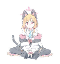 1girl absurdres animal_ear_headphones animal_ears blonde_hair blue_archive blue_necktie bow butterfly_sitting cat_tail fake_animal_ears halo headphones highres hood hoodie looking_at_viewer mmmkawaine momoi_(blue_archive) necktie pink_eyes pink_halo shirt simple_background sitting tail white_shirt