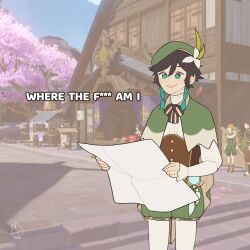 Rule 34 | 1boy, androgynous, aqua hair, bard, beret, black hair, braid, cape, cecilia flower (genshin impact), censored, censored text, collared cape, commentary, english commentary, english text, flower, frilled sleeves, frills, game screenshot background, genshin impact, gradient hair, green cape, green eyes, green headwear, green shorts, hat, hat flower, highres, holding, holding map, holding paper, katheryne (genshin impact), long sleeves, looking at viewer, male focus, map, map (object), meme, mlem, multicolored hair, open mouth, outdoors, pantyhose, paper, screenshot background, short hair with long locks, shorts, side braids, smile, twin braids, venti (genshin impact), vision (genshin impact), white flower, white pantyhose