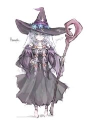 1girl alternate_costume black_dress black_hat blue_eyes closed_mouth commentary cosplay doktahzaki doll_joints dress elden_ring elden_ring_nightreign english_commentary english_text full_body hat highres joints large_hat long_hair looking_at_viewer recluse_(elden_ring) recluse_(elden_ring)_(cosplay) revenant_(elden_ring) simple_background solo staff white_background white_hair witch_hat