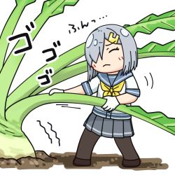 1girl black_pantyhose closed_eyes commentary_request grey_sailor_collar grey_skirt hair_ornament hair_over_one_eye hairclip hama!_(3toshinhmkz) hamakaze_(kancolle) kantai_collection neckerchief no_nose oversized_object pantyhose pleated_skirt pulling sailor_collar school_uniform serafuku short_hair silver_hair simple_background skirt solo turnip white_background yellow_neckerchief