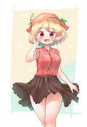 1girl aki_minoriko alternate_costume arinu black_skirt blonde_hair blouse blush cowboy_shot female_focus hand_in_own_hair hat leaf looking_at_viewer open_mouth plant red_eyes red_hat red_shirt shirt short_hair skirt solo standing thigh_gap touhou vines