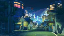 air_conditioner bicycle building car chain-link_fence city city_lights cityscape cloud commentary_request fence garage highres house japan lamppost mb0sco mixed-language_commentary motor_vehicle night night_sky original osaka_(city) power_lines road road_sign scenery sign sky skyscraper stop_sign street traffic_mirror utility_pole window