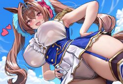 1girl absurdres animal_ears armpits asdkd123 bare_arms blue_garter_straps blue_skirt blush bow breasts brown_hair covered_erect_nipples crown daiwa_scarlet_(umamusume) fang from_below hair_between_eyes hair_bow hair_intakes hands_on_own_hips heart highres horse_ears horse_girl horse_tail large_breasts long_hair multicolored_skirt open_mouth panties pink_bow pink_eyes pleated_skirt shirt sidelocks skin_fang skirt sleeveless sleeveless_shirt solo tail thighhighs twintails umamusume underwear white_panties white_shirt white_skirt