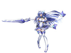 1girl :d aqua_eyes armlet bare_shoulders blue_gemstone blue_hair blue_shoes blue_skirt breasts cleavage covered_navel elbow_gloves exs-tia full_body gem gloves gluteal_fold gunblade hair_intakes headgear highres holding holding_sword holding_weapon jewelry katsuragi_marina kouyoku_senki_exs-tia kozu_rokuta large_breasts layered_skirt long_hair lusterise magical_girl open_mouth pleated_skirt shoes simple_background skirt smile solo straight_hair sword thighhighs weapon white_background white_gloves white_thighhighs wings zettai_ryouiki