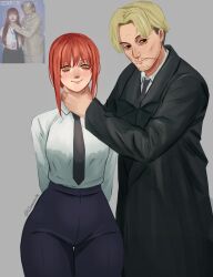 1boy 1girl absurdres black_coat black_eyes black_necktie black_pants blonde_hair chainsaw_man closed_mouth coat collared_shirt formal_clothes grey_background hand_on_another&#039;s_neck high-waist_pants highres kishibe_(chainsaw_man) l1amanade mads_mikkelsen makima_(chainsaw_man) necktie pant_suit pants photo-referenced photo_inset red_hair reference_inset ringed_eyes scar scar_on_face shirt shirt_tucked_in short_hair sidelocks suit trench_coat white_shirt yellow_eyes