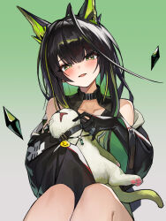 Rule 34 | 1girl, :d, absurdres, ahoge, animal, animal collar, arknights, bare shoulders, black gloves, black hair, blush, bright pupils, cat, chinese commentary, collar, collarbone, colored inner hair, commentary request, crystal, emoji, gloves, gradient background, green background, green eyes, green hair, grey background, hair between eyes, highres, holding, holding animal, huge ahoge, looking at viewer, medium hair, mon3tr (arknights), multicolored hair, open mouth, smile, solo, white pupils, ye yu (pixiv 17156650)