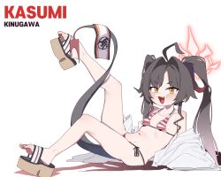 1girl :3 absurdres ahoge armband bare_legs bare_shoulders bikini black_hair black_horns black_tail blue_archive blush breasts brown_eyes coat demon_horns fang feet halo highres horns kasumi_(blue_archive) kasumi_(swimsuit)_(blue_archive) lab_coat leg_up loli long_hair looking_at_viewer lulubelleiii lying navel off_shoulder official_alternate_costume on_back open_mouth red_halo sandals side-tie_bikini_bottom simple_background skin_fang small_breasts soles solo striped_bikini striped_clothes swimsuit thighs toes tongue twintails very_long_hair white_background white_coat