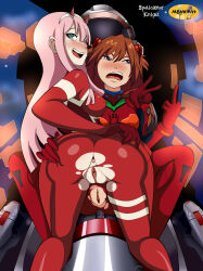 2girls absurdres angry ass blush bodysuit brown_hair clitoris crossover darling_in_the_franxx embarrassed grabbing_own_ass highres latex latex_suit looking_at_viewer looking_away looking_back mbhen114 middle_finger multiple_girls neon_genesis_evangelion one_eye_closed presenting pussy souryuu_asuka_langley spellcaster_knight spread_ass torn_clothes v wide_hips wink zero_two_(darling_in_the_franxx)