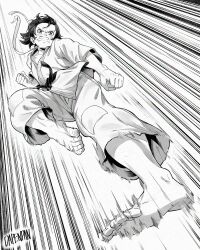 1girl absurdres artist_name barefoot black_hair choker commentary dapenpan dougi english_commentary greyscale highres karate_gi makoto_(street_fighter) monochrome motion_lines ribbon_choker short_hair solo street_fighter teeth toes