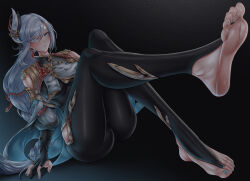 1girl absurdres barefoot blue_eyes dr.lee_(1323-4546-564) feet genshin_impact grey_hair hair_over_one_eye highres long_hair shenhe_(genshin_impact) soles toes