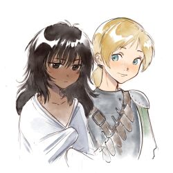 Rule 34 | 1boy, 1girl, armor, berserk, blonde hair, blue eyes, breastplate, brown eyes, brown hair, casca (berserk), freckles, highres, judeau (berserk), long hair, looking at another, low ponytail, pauldrons, ponytail, qaiiri, short ponytail, shoulder armor, simple background, upper body, white background