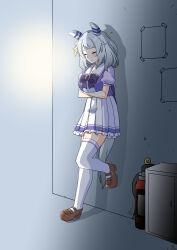 172cm 1girl animal_ears arms_under_breasts back_bow bow bowtie breasts brown_shoes closed_eyes crossed_arms ear_covers fire_extinguisher from_side full_body grey_hair highres hishi_miracle_(umamusume) horse_ears horse_girl horseshoe_ornament large_bow large_breasts leaning_back loafers medium_hair pleated_skirt puffy_short_sleeves puffy_sleeves purple_bow purple_bowtie purple_shirt sailor_collar sailor_shirt school_uniform shirt shoes short_sleeves skirt solo thighhighs tracen_school_uniform umamusume white_skirt white_thighhighs