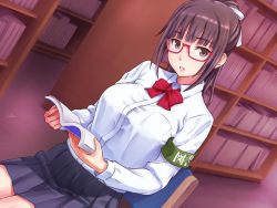Rule 34 | 1girl, armband, blue skirt, book, bow, bowtie, breasts, brown eyes, brown hair, chair, collared shirt, dutch angle, female focus, glasses, hair ribbon, holding, holding book, large breasts, library, looking at viewer, matching hair/eyes, md5 mismatch, open book, original, parted lips, pleated skirt, ponytail, red-framed eyewear, red bow, red bowtie, resolution mismatch, ribbon, school uniform, shimano natsume, shirt, sitting, skirt, solo, source larger, white ribbon, white shirt