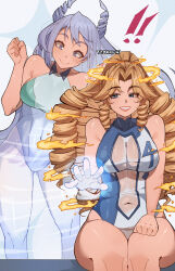absurdres blue_eyes blue_hair blush boku_no_hero_academia breasts drill_hair fantastic_four hado_nejire hair_horns highres large_breasts leotard long_hair marvel marvel_rivals navel partially_invisible simple_background smile sue_storm superhero_costume twin_drills very_long_hair wokiiarts