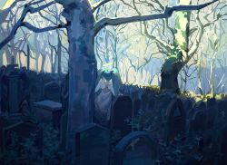 1girl angel_wings aqua_hair baofandxy bare_shoulders bare_tree day facing_away forest from_behind grass grave graveyard halo hatsune_miku highres leaf long_hair nature outdoors plant scenery sky solo sunlight tombstone tree twintails vocaloid wide_shot wings