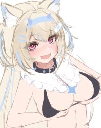absurdres animal_ear_fluff animal_ears blonde_hair blush bra breasts collar fuwawa_abyssgard grabbing_own_breast highres hololive hololive_english looking_at_viewer lucien_000298 multicolored_hair open_mouth pink_eyes sketch spiked_collar spikes streaked_hair underwear virtual_youtuber