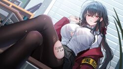 Rule 34 | 1girl, absurdres, ahoge, armband, azur lane, black bow, black bowtie, black hair, black nails, black pantyhose, black skirt, blush, body writing, bow, bowtie, bra, breasts, button gap, buttons, chalkboard, cleavage, clock, collared shirt, commentary request, crossed bangs, crossed legs, desk, dutch angle, from below, hair between eyes, hair bow, hand up, highres, holding, holding pen, jacket, large breasts, long hair, long sleeves, looking at viewer, nail polish, official alternate costume, open clothes, open jacket, pantyhose, parted lips, pen, plant, pleated skirt, red bow, red eyes, red jacket, school desk, school uniform, see-through clothes, see-through shirt, shirt, shirt tucked in, sidelocks, sitting, skirt, solo, suisen (suisenhwa), sweat, taihou (azur lane), taihou (sweet time after school) (azur lane), thighs, torn clothes, torn pantyhose, translation request, underwear, very long hair, white shirt, window, window blinds, yellow armband