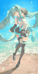 1girl absurdres aqua_eyes aqua_hair aqua_necktie armpit_crease bare_shoulders beach bird black_boots black_skirt black_sleeves blue_sky boots collared_shirt da00o01 day detached_sleeves dutch_angle eyelashes falling_petals grey_shirt hatsune_miku highres knee_up leaning_to_the_side led long_hair looking_at_viewer necktie ocean outdoors petals pigeon-toed pleated_skirt seagull shirt skirt sky sleeveless sleeveless_shirt smile solo standing standing_on_one_leg thigh_boots thighhighs tie_clip tucking_hair twintails very_long_hair vocaloid wide_sleeves zettai_ryouiki