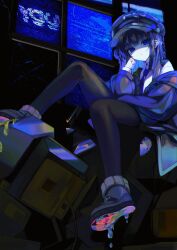 1girl absurdres black_hair black_hat black_jacket black_pantyhose black_shoes blue_eyes blue_hair blue_necktie blue_screen_of_death closed_mouth collared_shirt commentary_request drawstring hand_up hat highres hood hood_down hooded_jacket jacket karou_(lhscck302) long_hair long_sleeves looking_at_viewer monitor multicolored_hair necktie newsboy_cap off_shoulder open_clothes open_jacket original pantyhose puffy_long_sleeves puffy_sleeves shirt shoe_soles shoes solo tie_clip two-tone_hair white_shirt