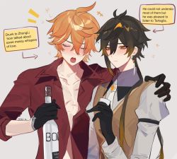 2boys ahoge alcohol arm_around_shoulder arrow_(symbol) artist_name black_gloves blush bottle brooch brown_eyes brown_hair brown_vest closed_eyes closed_mouth collarbone commentary_request cup dress_shirt drunk earrings english_text engrish_text eyelashes eyeshadow genshin_impact gloves gradient_hair grey_background grey_shirt hair_between_eyes hand_up highres holding holding_bottle holding_cup jewelry long_hair low_ponytail makeup male_focus multicolored_hair multiple_boys necktie nose_blush notice_lines open_clothes open_mouth open_shirt orange_hair ponytail ranguage red_eyeshadow red_shirt scar scar_on_chest shirt short_hair sidao_al single_earring sleeves_rolled_up smile squeans tartaglia_(genshin_impact) tassel tassel_earrings teeth upper_body upper_teeth_only v-shaped_eyebrows vest white_necktie wing_collar zhongli_(genshin_impact)