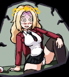 Rule 34 | 1girl, @ @, blazer, blush, collared shirt, dazed, defeat, jacket, lass (pokemon), lass (pokemon swsh), miniskirt, necktie, nintendo, open mouth, panties, pantyshot, pleated skirt, poke ball, pokemon, pokemon swsh, red jacket, school uniform, shirt, sitting, skirt, sweat, thighhighs, thighs, underwear, upskirt, white shirt