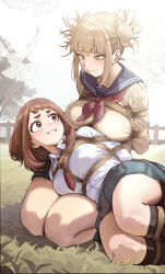 Rule 34 | 2girls, arms behind back, bdsm, blonde hair, blue sailor collar, boku no hero academia, bondage, bound, bound ankles, bound arms, bound legs, bound together, bound wrists, breast bondage, brown eyes, brown hair, code:074, crotch rope, double bun, hair bun, highres, looking at another, messy hair, multiple girls, restrained, rope, sailor collar, shibari, shibari over clothes, short hair, tied up (nonsexual), toga himiko, uraraka ochako, yellow eyes, yuri