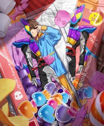 Rule 34 | 1010 mumumu, armor, black bodysuit, blue armor, blue hoodie, bodysuit, breastplate, brown hair, candy, candy wrapper, chips (food), chocolate, commentary request, dual persona, english text, fake horns, food, fruit, full body, gochizo, gradient clothes, grapes, grey bodysuit, gummy candy, helmet, henshin belt gavv, henshin pose, highres, hood, hoodie, horned helmet, horns, inoue shouma, kamen rider, kamen rider gavv, kamen rider gavv (poppingummy form), kamen rider gavv (series), looking at viewer, male focus, marshmallow, multicolored armor, pants, pauldrons, pink eyes, popping gummy, potato chips, purple armor, rider belt, shin guards, short hair, shoulder armor, solo, tokusatsu, two-tone bodysuit, two-tone hoodie, yellow armor, yellow hoodie, yellow pants