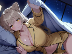 1boy 1girl bed bed_invitation blanket blonde_hair blue_panties breasts bun_with_braided_base cleavage closed_mouth collarbone commentary_request cone_hair_bun crossed_bangs dolphin_shorts grabbing_another&#039;s_breast groping guided_breast_grab guiding_hand hair_bun hand_grab highres huge_breasts indie_virtual_youtuber kokon_amane lapels light_blush lips long_hair long_sleeves looking_at_viewer lying nail_polish navel night notched_lapels on_side out_of_frame pajamas panties pantyshot pillow pink_nails pov pov_across_table short_shorts shorts smile solo_focus story_in_commentary under_covers underwear very_long_hair virtual_youtuber window yasudraw yellow_eyes yellow_pajamas yellow_shorts