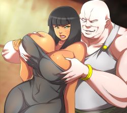 1boy 1girl bare_shoulders black_hair breasts cleavage clenched_teeth curvy dark_skin egypt fat fat_man grabbing_another&#039;s_breast green_eyes groping hetero huge_breasts legend_of_queen_opala long_hair osira piercing source_request tamanegiya teeth wide_hips