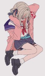 1girl ankle_socks belt black_shoes blue_sailor_collar blue_skirt brown_hair hair_intakes hair_ribbon highres jacket kamatama_rom leg_tattoo long_hair makaino_ririmu makaino_ririmu_(4th_costume) miniskirt multicolored_hair neckerchief nijisanji open_clothes open_jacket pink_hair pink_jacket pleated_skirt red_neckerchief ribbon sailor_collar shirt shoes simple_background sitting skirt socks solo tattoo two-tone_hair two_side_up virtual_youtuber white_background white_shirt white_socks yokozuwari