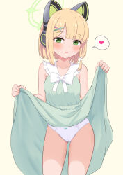1girl absurdres animal_ear_headphones animal_ears bare_arms bare_shoulders blonde_hair blue_archive blush bow bow_panties breasts brown_background cameltoe clothes_lift commentary_request crotch_seam dress dress_lift fake_animal_ears frilled_sailor_collar frills gluteal_fold green_bow green_dress green_eyes green_halo hair_ornament hairclip halo headphones heart highres lifting_own_clothes loli looking_at_viewer michou midori_(blue_archive) panties parted_lips petite revision ribbon sailor_collar sailor_dress simple_background sleeveless sleeveless_dress small_breasts smile solo spoken_heart underwear white_bow white_panties white_sailor_collar x_hair_ornament
