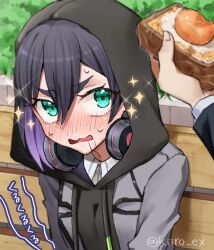 aijou_rentarou black_hair black_hoodie blurry blurry_foreground blush bread bread_slice bush collared_shirt day food fried_egg fried_egg_on_toast from_above furrowed_brow green_eyes grey_jacket hair_between_eyes haraga_kurumi headphones headphones_around_neck highres hiiro_(kiiro_ex) holding holding_food hood hood_up hoodie jacket kimi_no_koto_ga_dai_dai_dai_dai_daisuki_na_100-nin_no_kanojo looking_at_food looking_up ohananomitsu_middle_school_uniform on_bench open_mouth out_of_frame outdoors saliva school_uniform shirt short_hair sparkle tears thick_eyebrows toast twitter_username upper_body v-shaped_eyebrows white_shirt wide-eyed